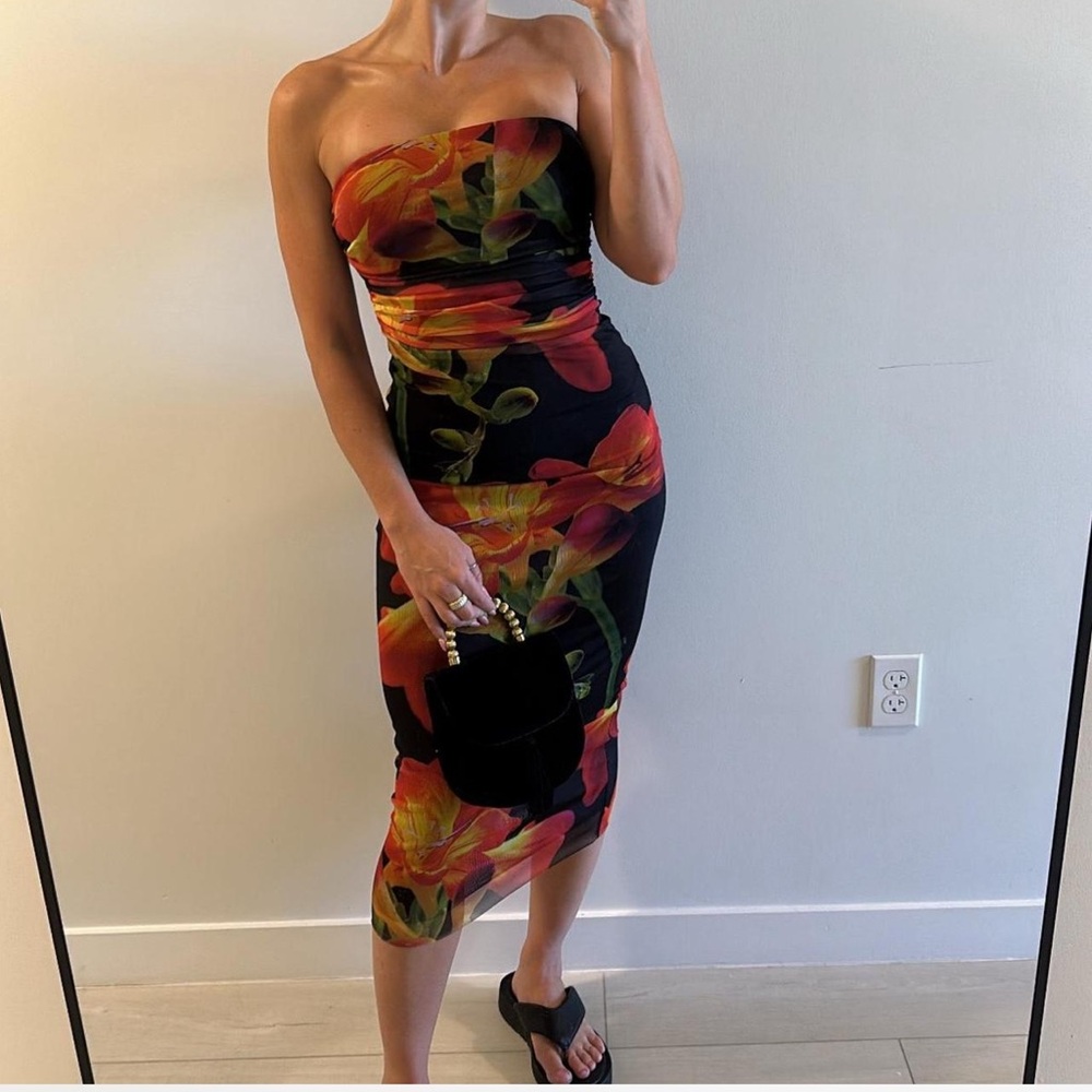 Zara Strapless Dress - Black and Orange Floral